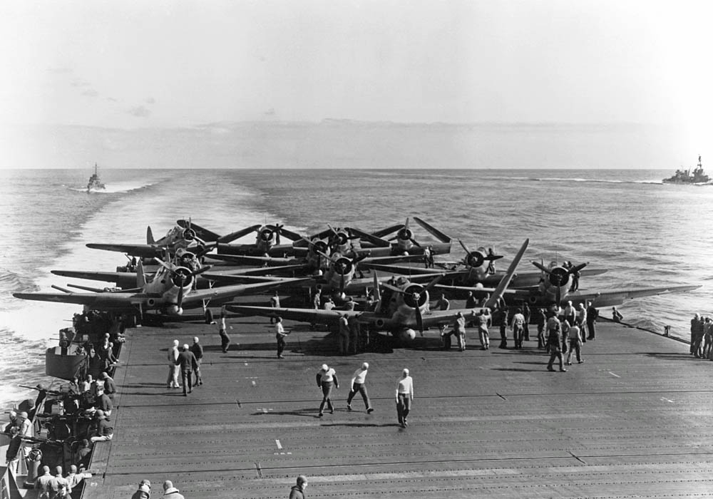 Douglas TBD Devastators of the U.S. Navy Torpedo Squadron Six (VT-6) prepare for launching from the aircraft carrier USS Enterprise (CV-6) during the Battle of Midway, June 1942. (Official U.S. Navy Photograph.)