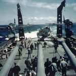 The U.S. Navy heavy cruiser USS Quincy (CA-71) prepares to launch Vought OS2U Kingfisher floatplanes during the Invasion of Southern France, August 1944. (Official U.S. Navy Photograph.)