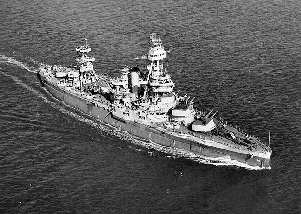 U.S. Navy battleship USS Texas (BB-35) photographed underway off the coast of Norfolk, Virginia in 1943. (Official U.S. Navy Photograph.)