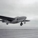The Bell XP-59A Airacomet jet aircraft lifts off from the surface of Rogers Dry Lake in October 1942. (U.S. Air Force Photograph.)