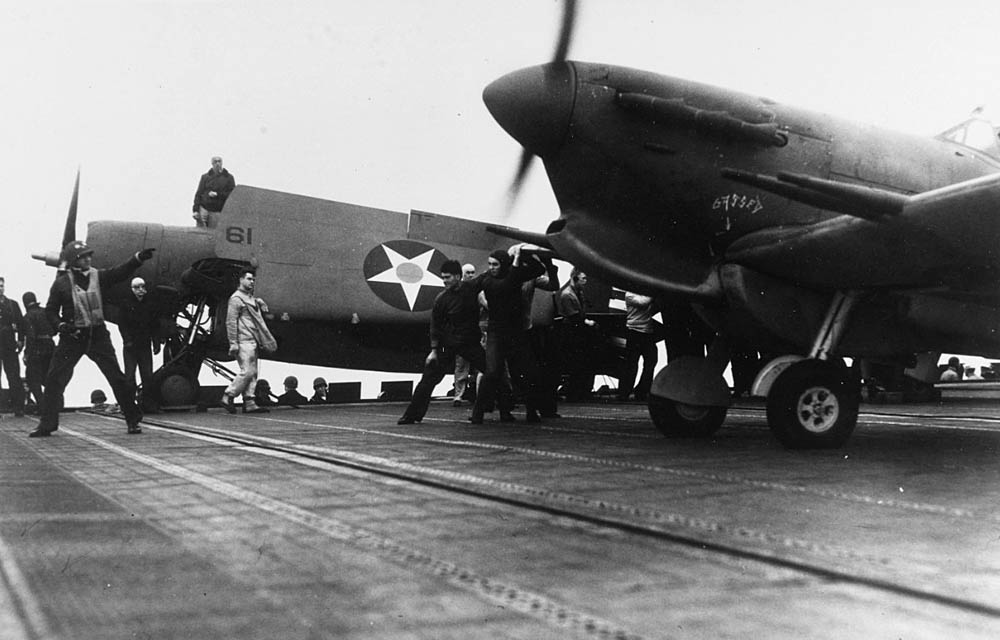 A British Spitfire prepares for takeoff from the USS Wasp during a Malta reinforcement mission in May 1942. (Official U.S. Navy Photograph.)