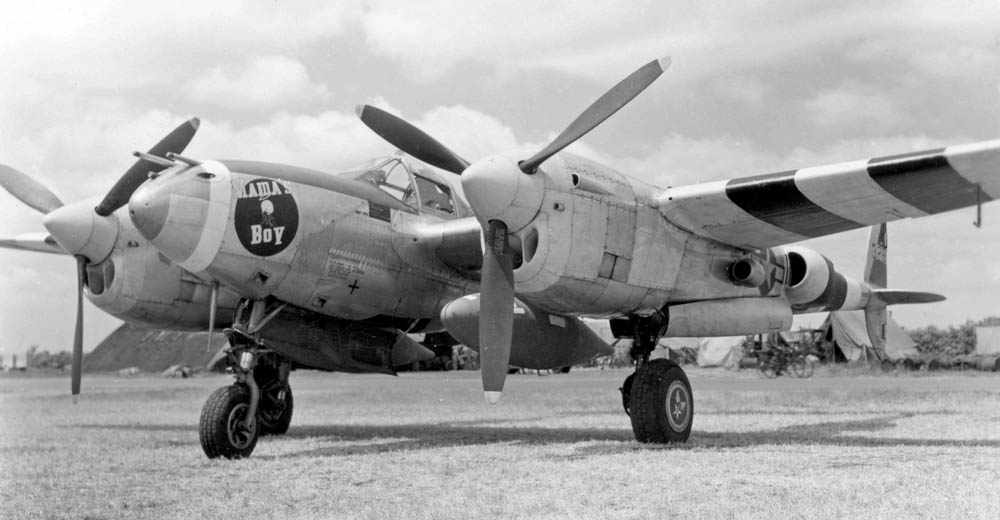 The P-38 Lightning "Mama's Boy" is photographed at King's Cliffe, England in 1944. (U.S. Air Force Photograph.)