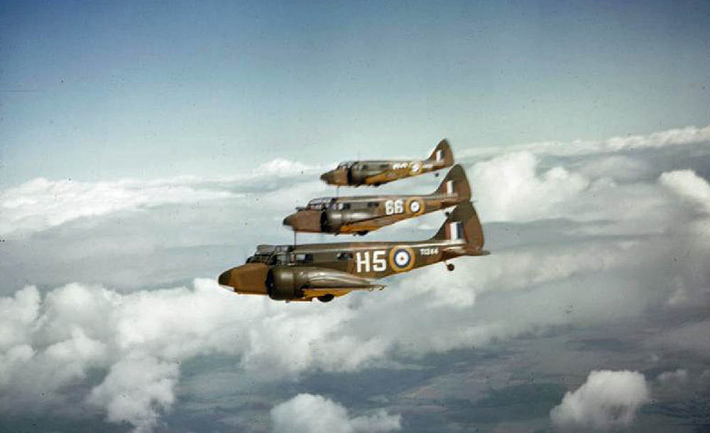 A formation of Royal Air Force Airspeed Oxford Mark I aircraft serving with No. 6 Flying Training School at Little Rissington, Gloucestershire photographed in flight in 1942. (Imperial War Museum Photograph.)