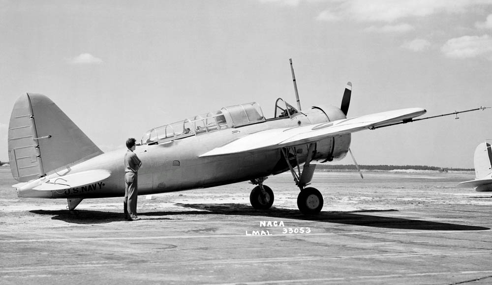 The prototype Brewster XSBA-1 scout-bomber awaits flight testing at the NACA Langley Research Center, Virginia in May 1943. (NASA Photograph.)