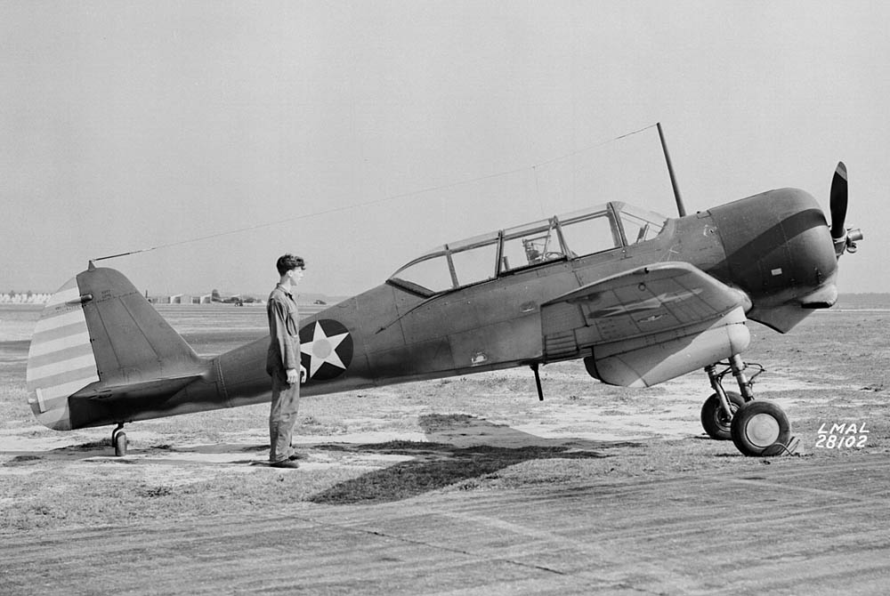 A U.S. Navy Curtiss SNC-1 Falcon trainer photographed at NACA Langley Research Center, Virginia in April 1942. (NASA Photograph.)