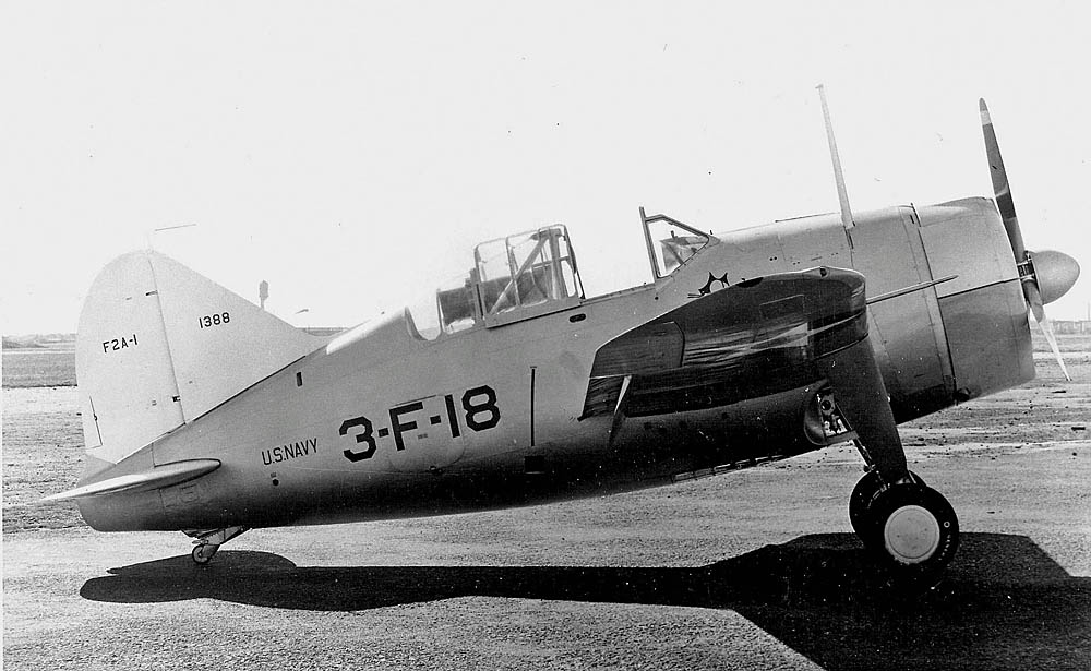 A U.S. Navy Brewster F2A-1 Buffalo in the markings of Fighting Squadron 3 (VF-3) photographed at the factory of Brewster Aeronautical Corp. in Long Island, New York. (U.S. Navy Photograph.)