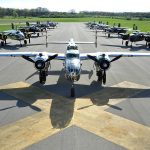 B-25 Mitchell bombers sit parked on the runway next to the National Museum of the U.S. Air Force at Wright-Patterson Air Force Base, Ohio, April 17, 2017. (U.S. Air Force Photograph by R.J. Oriez.)