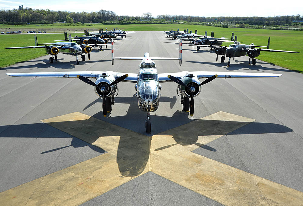 B-25 Mitchell bombers sit parked on the runway next to the National Museum of the U.S. Air Force at Wright-Patterson Air Force Base, Ohio, April 17, 2017. (U.S. Air Force Photograph by R.J. Oriez.)