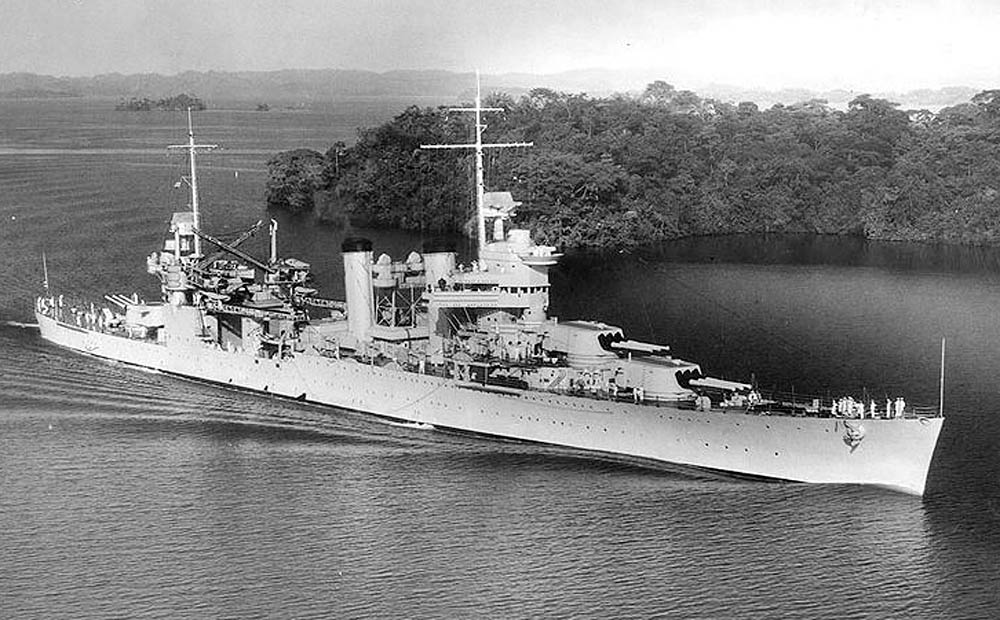 The U.S. Navy heavy cruiser USS Vincennes (CA-44) passes through the Panama Canal in January 1938 en route to join the U.S. Fleet in the Pacific. (U.S. Navy Photograph.)