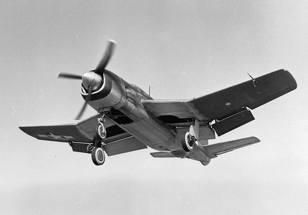 One of two prototype Douglas XSB2D-1 Destroyer torpedo/dive bombers prepares to land during flight tests in 1943. (U.S. Navy Photograph.)