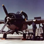A Grumman F4F-4 Wildcat fighter undergoes maintenance at an air base in the United States, circa 1942-43. (Official U.S. Navy Photograph.)