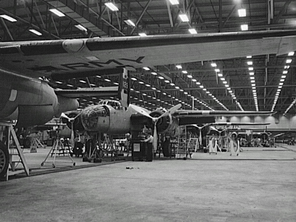 B-25 Mitchell medium bombers under production at a North American Aviation plant in Kansas City, Kansas in July 1942. (Library of Congress Photograph.)