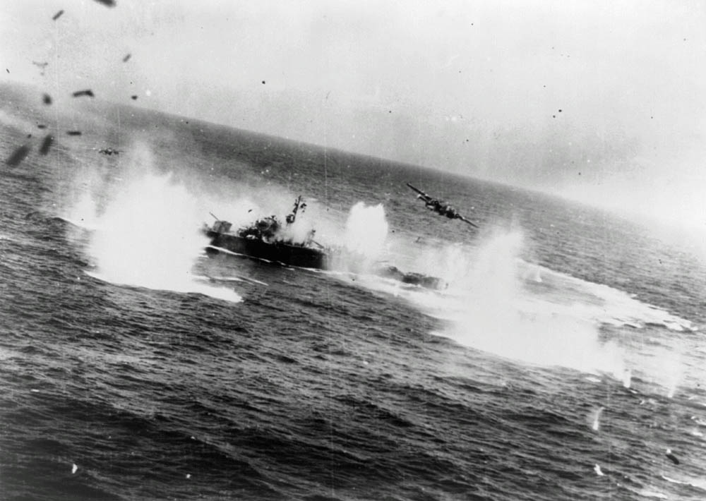 A pair of North American B-25 Mitchells attack a Japanese frigate in the South China Sea in the last year of World War II. (U.S. Library of Congress Photograph.)