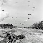 U.S. Army paratroopers land at Kamiri Strip, Noemfoor Island in 1945. (U.S. Library of Congress Prints and Photographs.)