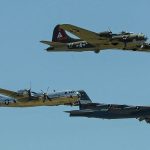 A B-17 Flying Fortress, B-29 Superfortress, and B-52 Stratofortress fly overead in formation at the 2017 Barksdale Air Force Base Airshow. (U.S. Air Force Photograph, Sr Airman Curt Beach.)