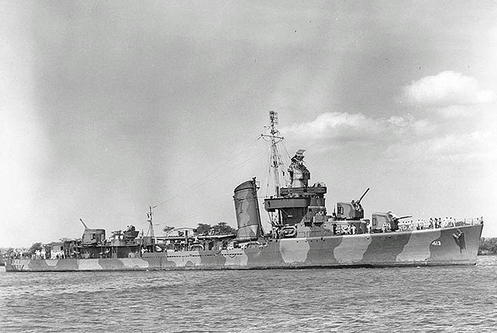 USS Mustin (DD-413), a U.S. Navy Sims-class destroyer, pictured at Pearl Harbor, Hawaii in June 1942. (U.S. Navy Photograph.)