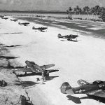 P-39Q Airacobra fighters from the 46th Fighter Squadron, 15th Fighter Group parked on Makin Island in the Gilberts in December 1943. (U.S. Army Air Force Photograph.)