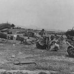 German and Italian aircraft wreckage photographed on the El Aouina airfield neaar Tunis in Tunisia. Visible are wrecks of a Junkers Ju 87 Stuka and several Junkers Ju 52s. (U.S. Air Force Photograph.)