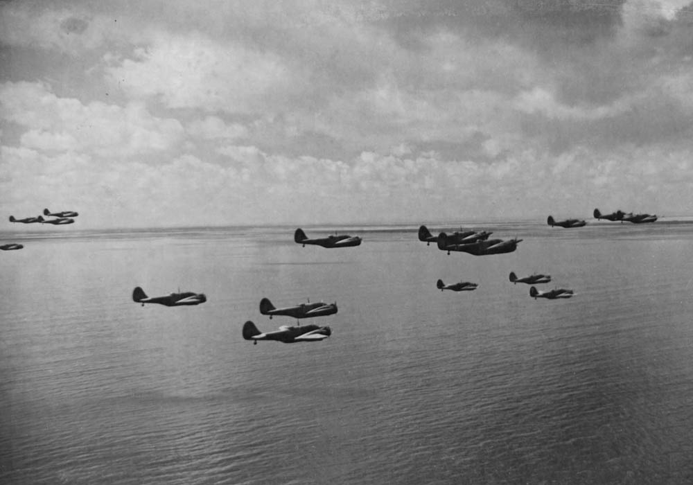 A formation of Martin Baltimore bombers flying to attack Axis forces in Tunisia. (U.S. Air Force Photograph.)