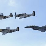 A trio of P-51 Mustangs fly in formation with a U.S. Air Force F-16 Fighting Falcon during the 2017 Heritage Flight Training and Certification Course at Davis-Monthan Air Force Base, Arizona. (U.S. Air Force Photograph by Airman 1st Class Mya M. Crosby.)