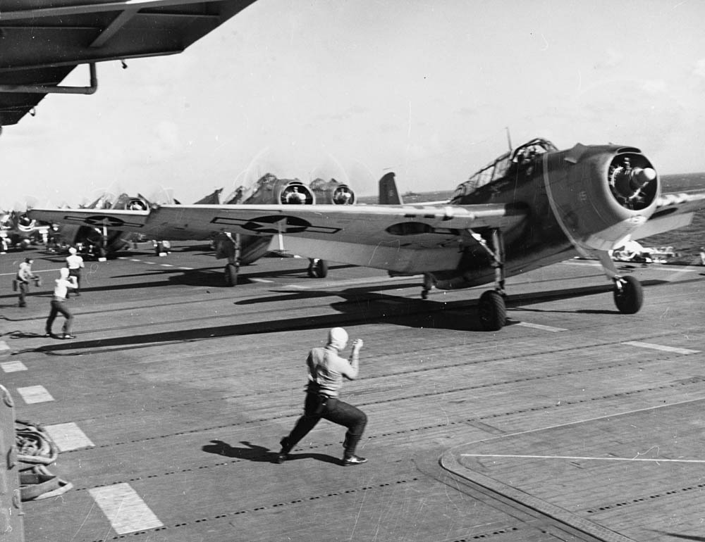 During the Marianas Operation, TBM Avenger bombers prepare to take off from the Independence-class light aircraft carrier USS Monterey (CVL-26) to attack targets on Tinian, June 1944. (Official U.S. Navy Photograph.)