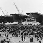The U.S. Navy escort carrier USS Casablanca (ACV-55,later CVE-55) prepares to be launched at Kaiser Shipyards in Vancouver, Washington in April 1943. (U.S. Navy Photo.)