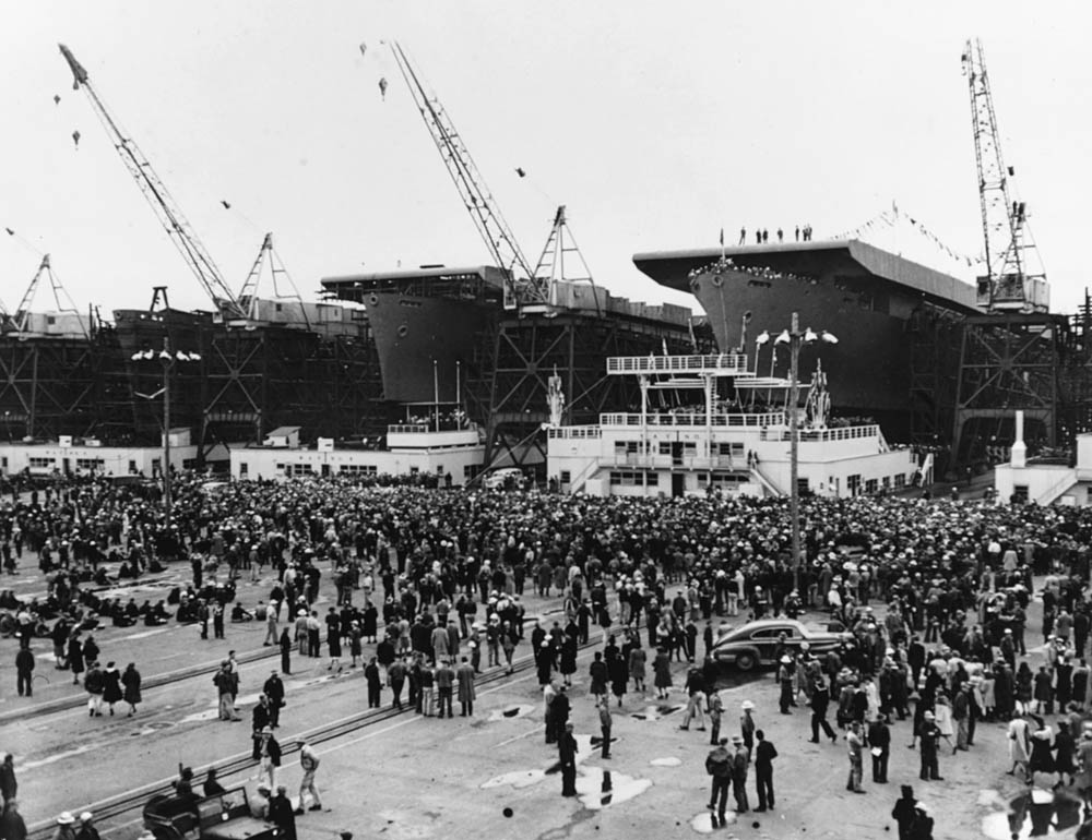 The U.S. Navy escort carrier USS Casablanca (ACV-55,later CVE-55) prepares to be launched at Kaiser Shipyards in Vancouver, Washington in April 1943. (U.S. Navy Photo.)