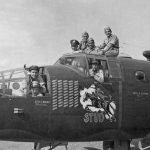 The crew of a North American B-25 Mitchell, nicknamed STUD, poses with their aircraft, a veteran of over fifty missions, before flying back to the United States to tour the country promoting War Bonds. (U.S. Air Force Photograph.)
