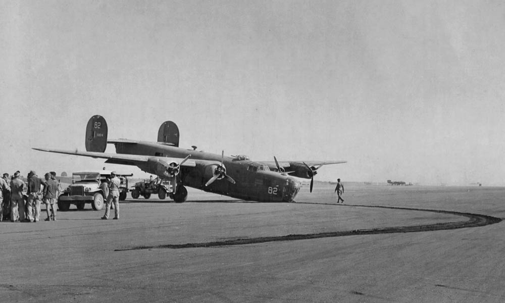 This Consolidated B-24D Liberator, nicknamed Ripper the 1st, nosed over while landing after returning from a raid on Rome, Italy. The B-24 belonged to 515th Bombardment Squadron, 376th Bombardment Group of Ninth Air Force. (U.S. Air Force Photograph.)