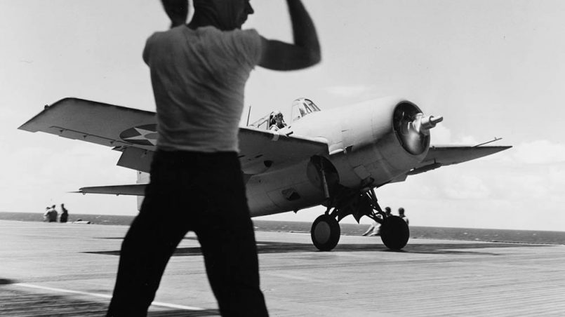 A Grumman F4F-3 Wildcat fighter from Fighting Squadron Three (VF-3) prepares for takeoff on the deck of the aircraft carrier USS Saratoga (CV-3), circa 1941. (U.S. Navy Photograph, U.S. National Archives.)