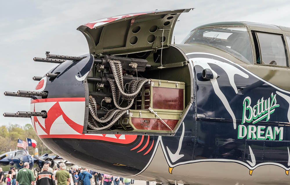 The crowded nose of a B-25 Mitchell bomber on display at the National Museum of the U.S. Air Force as part of a ceremony for the Doolittle Raiders. (U.S. Air Force Photograph / Kevin Lush.)