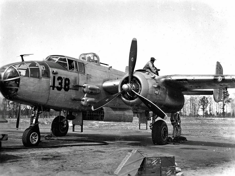 North American B-25 Mitchell of the 477th Bombardment Group (Medium) undergoes maintenance. (U.S. Air Force Photograph.)