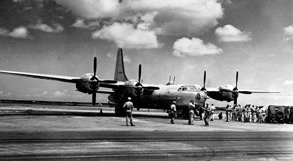A number of Consolidated B-32 Dominators were sent to the Pacific Theater for  combat evaluation.  Here, a B-32 is photographed with airmen at Clark Field, Luzon, Philippine Islands in July 1945. (U.S. Air Force Photograph.)