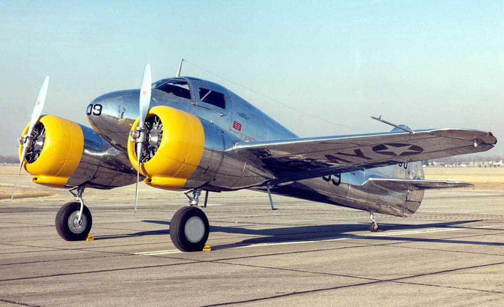 Restored Curtiss AT-9A Fledgling -- widely known as the "Jeep" -- twin-engine, advanced trainer photographed at the National Museum of the United States Air Force in Dayton.  (U.S. Air Force Photograph.)