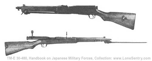 [Figure 172. Model 44 (1911) 6.5-mm cavalry carbine (showing bayonet folded and open).]