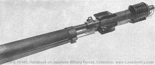 [Figure 175(a). Spigot type grenade launcher and ammunition (at the top is shown the fragmentation grenade in position for firing, at bottom, the smoke grenade and launcher).]