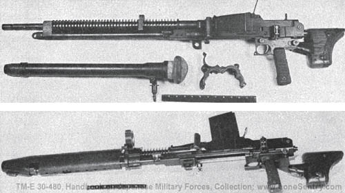 [Figure 255. Model 97 (1937) 7.7-mm tank machine gun. (The lower figure illustrates the armor shield normally used when this machine gun is mounted in a tank.)]