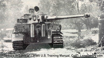 [View of a German Mark VI Tank with its 88-mm gun turned to the rear]