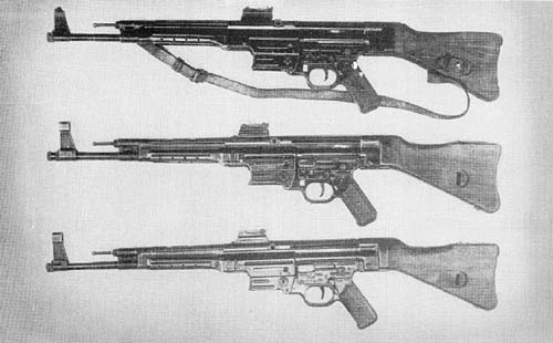 7.92 mm M.P. 43, M.P. 43/1, M.P. 44 (Sturmgewehr 44): Submachine Gun 7.92 Submachine Gun: Top. M. P. 43; Center. M. P. 43/1; Bottom, M. P. 44