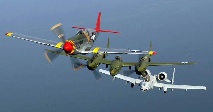 P-38 Lightning, P-51 Mustang and A-10 Thunderbolt