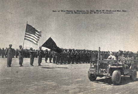 [Sec. of War Henry L. Stimson, Lt. Gen. Mark W. Clark and  Maj. Gen. John S. Sloan inspect the 351st at Tarquinia]