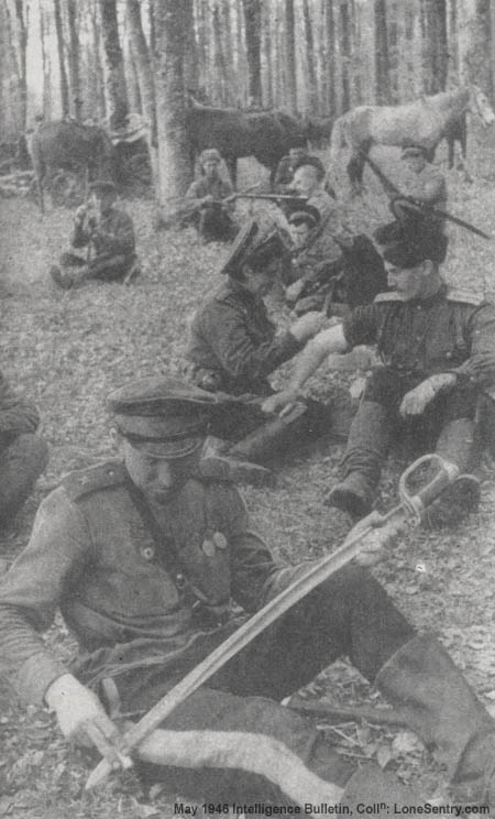 [Don Cossack guardsmen, members of an elite Red Army cavalry regiment, rest in the foothills of the Carpathian mountains after action on the Second Ukrainian front.]