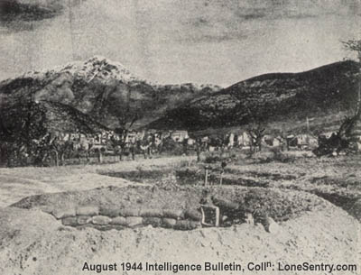 [South of Mignano, two circular antiaircraft-gun positions, each with an adjoining ammunition pit, were carefully built up with sandbags, stakes, and woven branches.]
