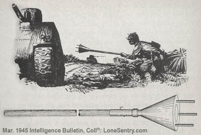 [The Japanese suicide soldier will use the Lunge Mine as he would a rifle and bayonet, thrusting the three legs of the mine base against the side of the tank. The mine explodes on contact.]