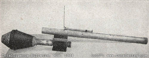 [The Panzerfaust 30 with sight raised and projectile shown separately. The projectile vanes are extended.]