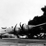 B-29 Superfortress emergency landing on island of Iwo Jima. (U.S. Air Force Photograph.)