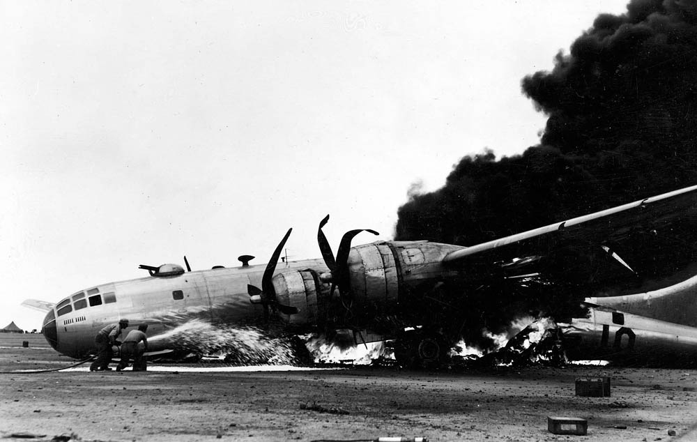 B-29 Superfortress emergency landing on island of Iwo Jima. (U.S. Air Force Photograph.)