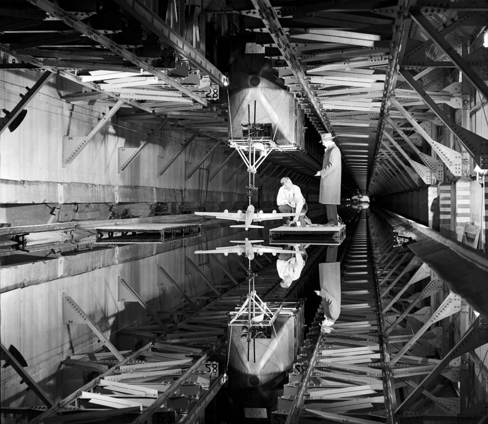 Model of the Boeing B-29 Superfortress being tested for ditching characteristics in Tank No. 2 at Langley Research Center. (NACA/NASA Photograph.)