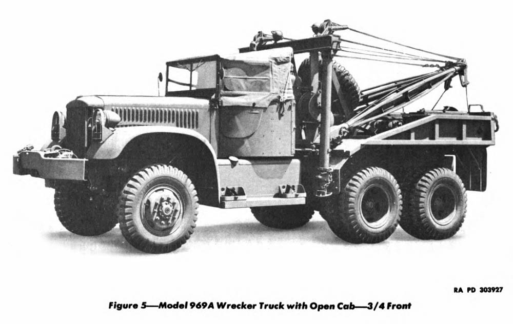 Illustration of the Diamond T Model 969A Wrecker Truck with Open Cab.