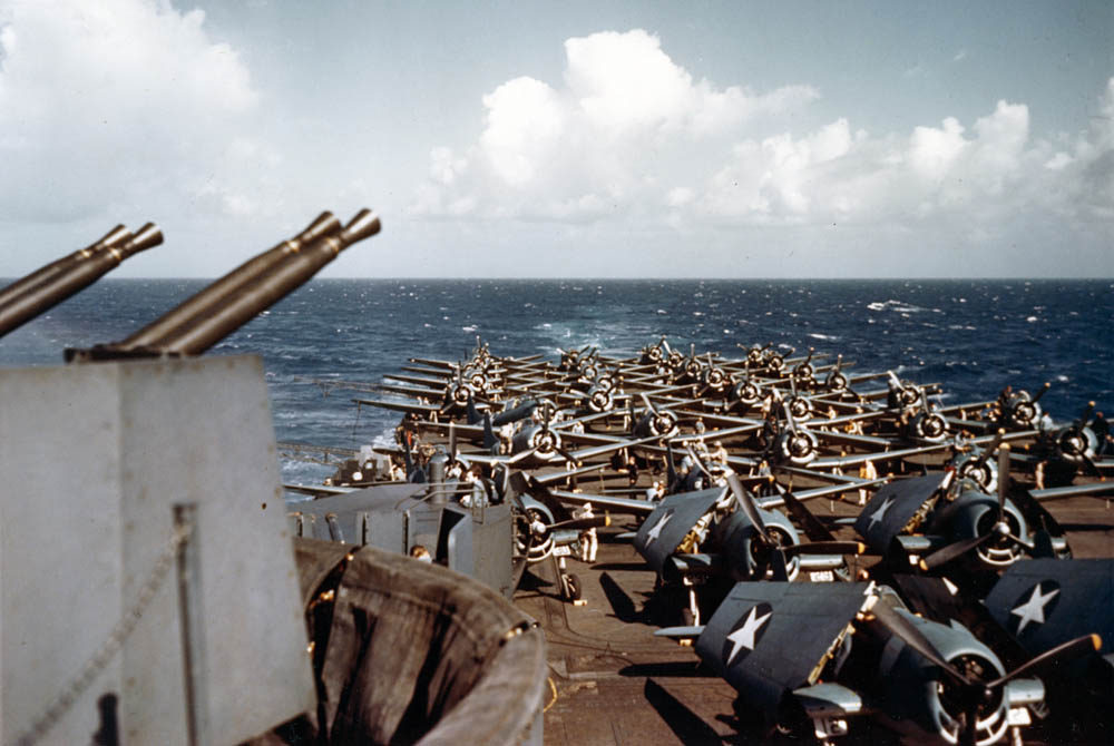 The flight deck of the aircraft carrier USS Essex (CV-9) during the ship's shakedown cruise in March 1943 with numerous F6F Hellcat fighters and SBD Dauntless bombers. (Official U.S. Navy Photograph, U.S. National Archives.)